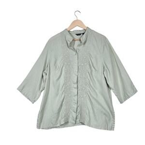Ecologie Linen Blouse XL Green Embroidered Boho Lightweight Cottagecore